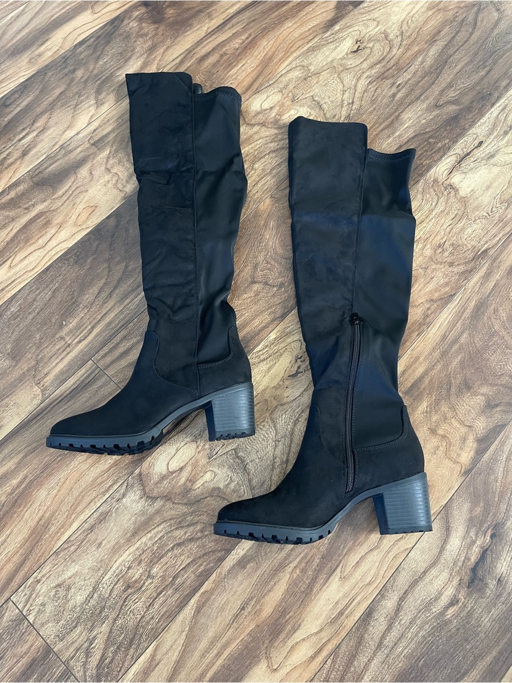 Fashion Nova Black Knee-High Block Heel Boots